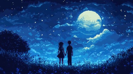 Obraz premium A pixelated anime couple holding hands under a moonlit sky filled with pixelated stars.