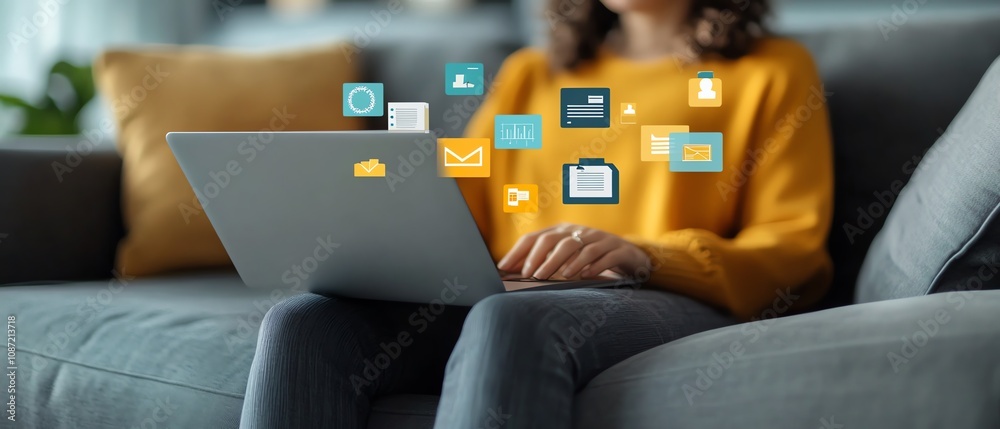 Leinwandbilder Person interacting with a laptop, accessing an online document management system, digital documents and floating icons on screen, generative AI concept