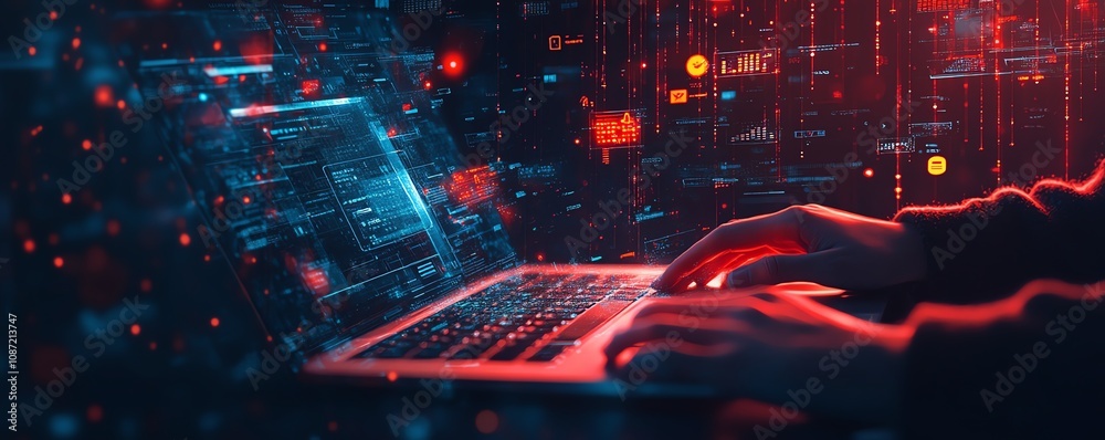 Poster Person s hands typing on a laptop with floating digital icons, representing secure document management and data protection, sleek generative AI design