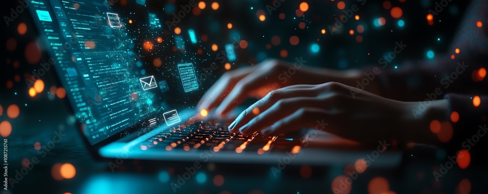 Leinwandbilder Person s hands typing on a laptop with floating digital icons, representing secure document management and data protection, sleek generative AI design