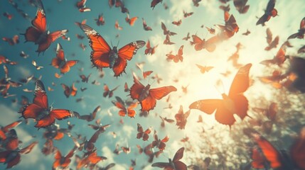 Sky Realm of Hybrid Avifauna, vibrant creatures soaring gracefully, blending features of birds and butterflies, enchanting aerial display, whimsical atmosphere