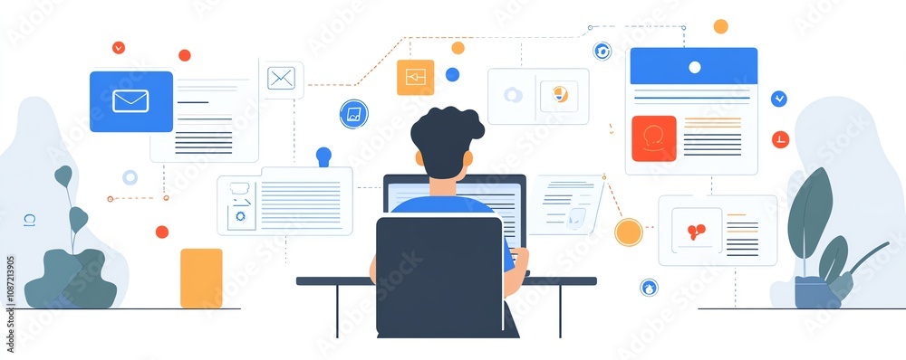 Aufkleber Person using a laptop interface to create and manage digital documents, with icons representing text, images, and data points, generative AI concept