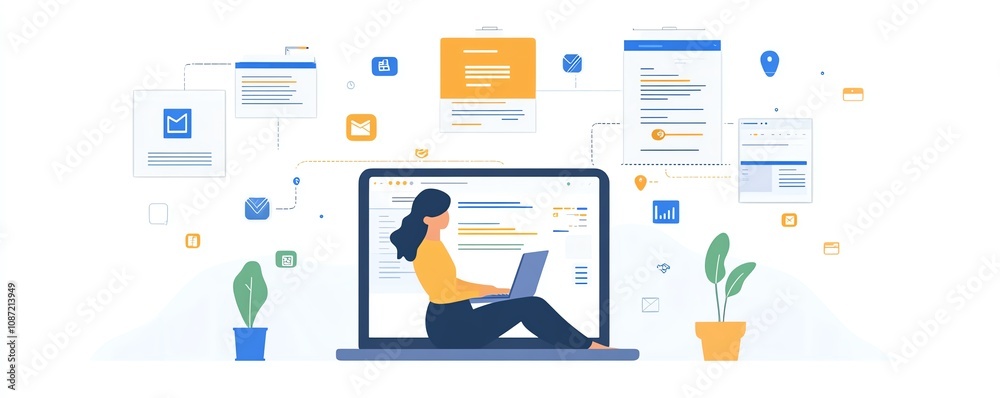 Poster Person using a laptop to access an online document management system, with digital documents and floating icons around them, generative AI theme
