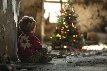 A poignant scene of a little boy sitting on the ground, gazing at a Christmas tree that has been devastated by the effects of war, evoking a sense of loss and reflection during the holiday season.
