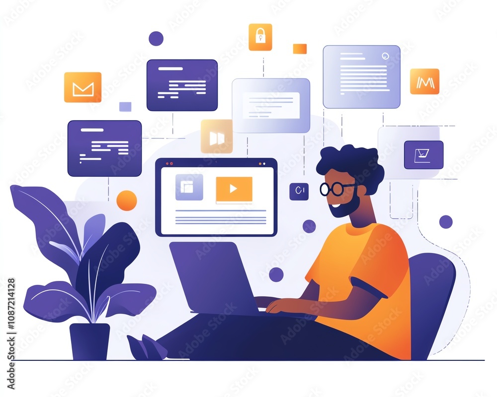 Leinwandbilder Person using laptop to manage online documents, digital files and floating icons on the screen, futuristic generative AI user interface