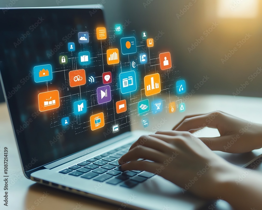 Poster Person using laptop to manage online documents, digital files and floating icons on the screen, futuristic generative AI user interface