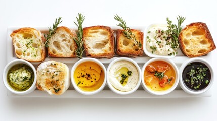Unique bread and dip presentation, arranged asymmetrically on white, [appetizers], [casual fine dining] 