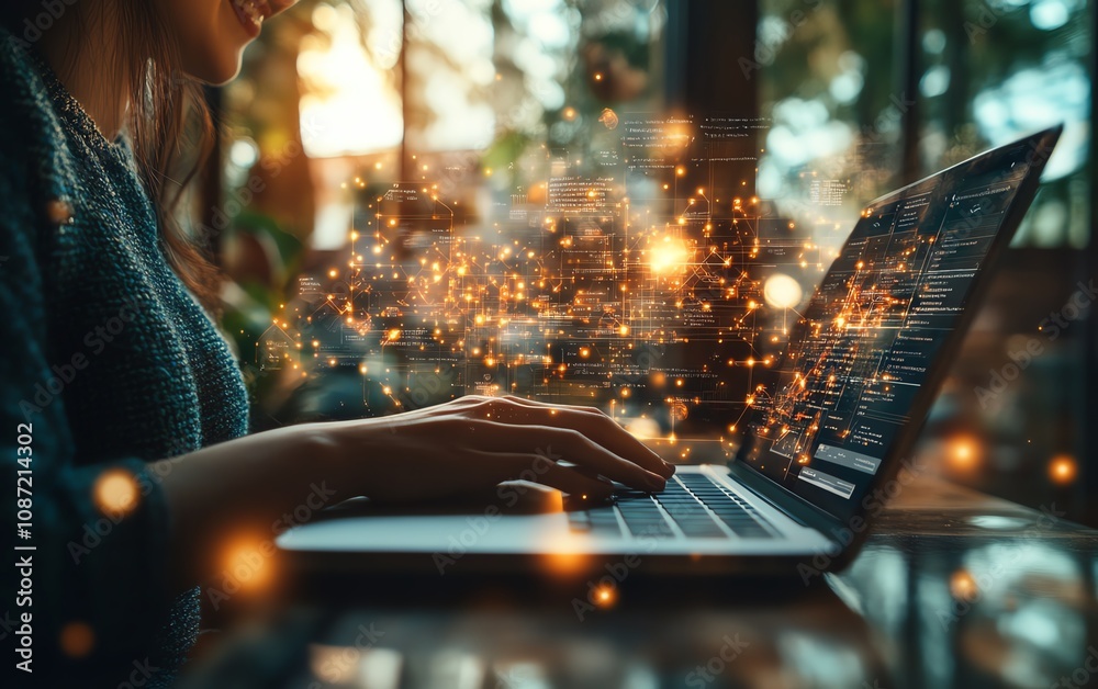 Poster Person using laptop to navigate online document management system, with digital documents and floating icons representing data, text, and images, generative AI design