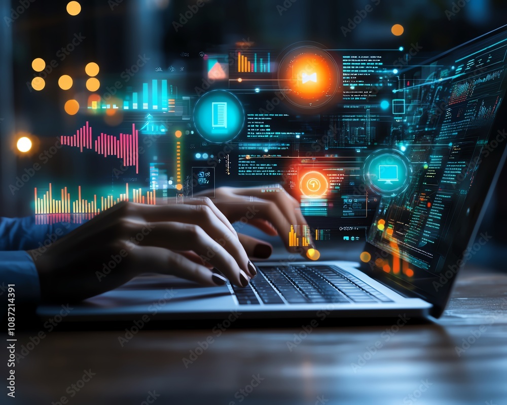 Aufkleber person working on a laptop to create digital documents, various icons for text, images, and data poi