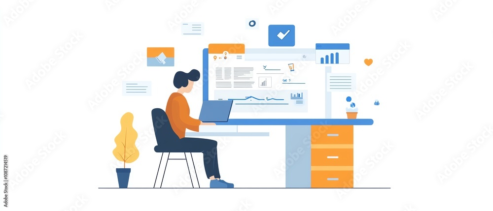 Poster person working on laptop to create and manage documents, icons for text, images, and data points dis