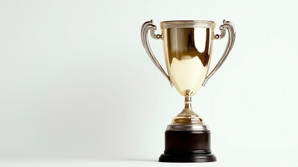 Golden trophy with ornate handles on a black base against a plain white background, symbolizing achievement and success.