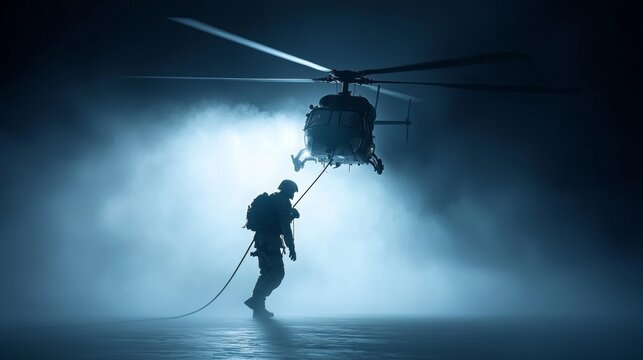 Nighttime Special Forces Infiltration, elite soldiers descending from a helicopter, executing a high-stakes mission under the cover of darkness - Powered by Adobe