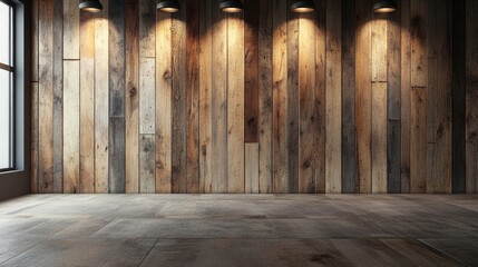 Wooden planks create a distinctive wall effect after being hammered down, presenting an innovative take on flooring. This renovated interior design concept offers ample photo style copy space.