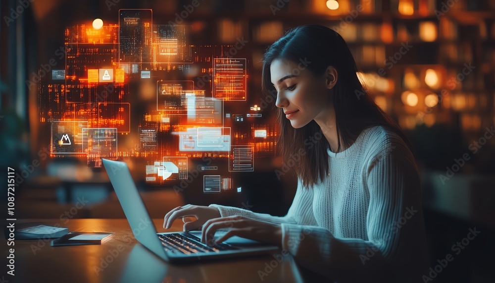 Aufkleber User accessing online document management system on a laptop, digital documents and icons floating around, sleek and futuristic generative AI interface