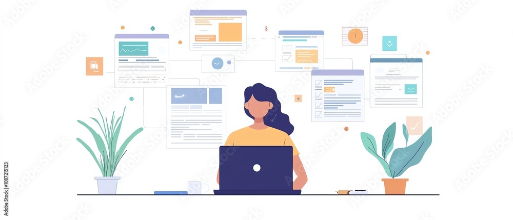 Poster User managing digital documents via an online system on their laptop, icons for text, images, and data points floating around, generative AIinspired workspace