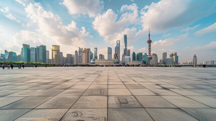 Empty square floor with city skyline background, Metropolitan city square scene, aerial viewpoint