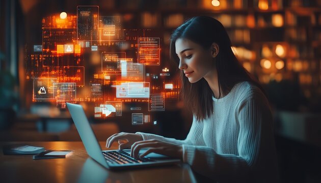 User accessing online document management system on a laptop, digital documents and icons floating around, sleek and futuristic generative AI interface
