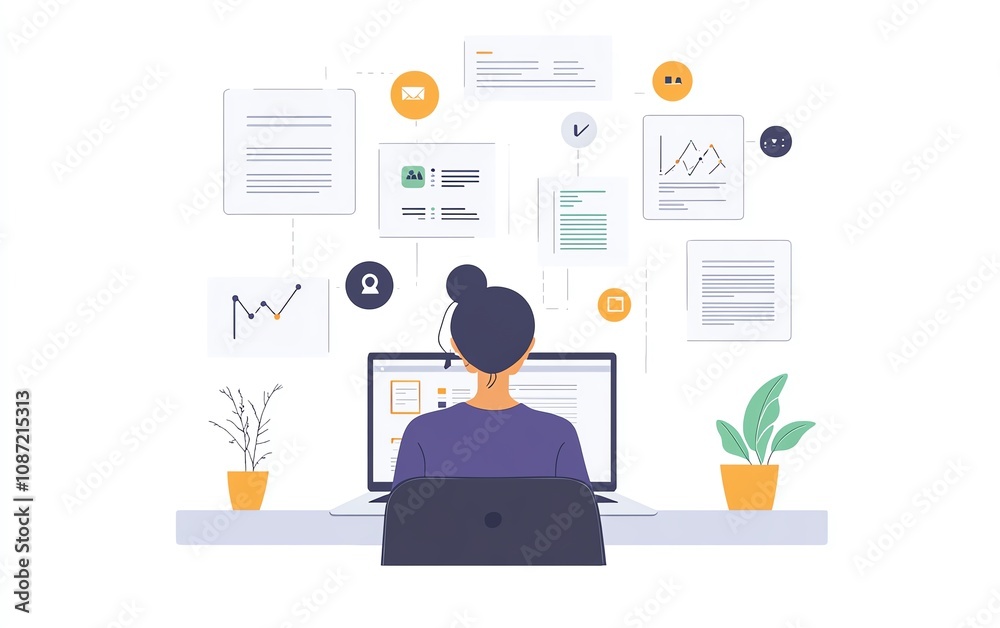 Aufkleber user managing digital documents on laptop interface, icons representing text, images, and data point