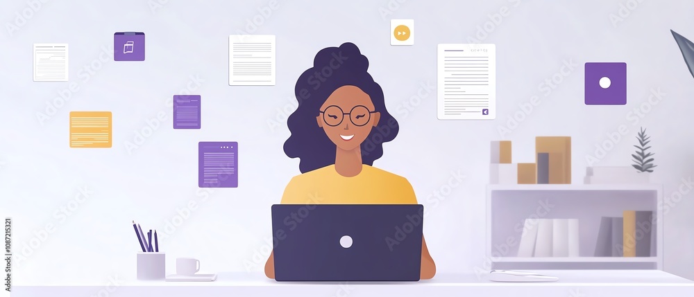 Poster User managing digital documents via an online system on their laptop, icons for text, images, and data points floating around, generative AIinspired workspace