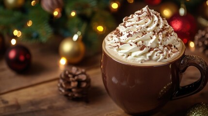 Cup of hot chocolate topped with whipped cream next to a Christmas tree creates a cozy winter atmosphere. This sweet chocolate beverage enhances the festive mood for winter holidays.