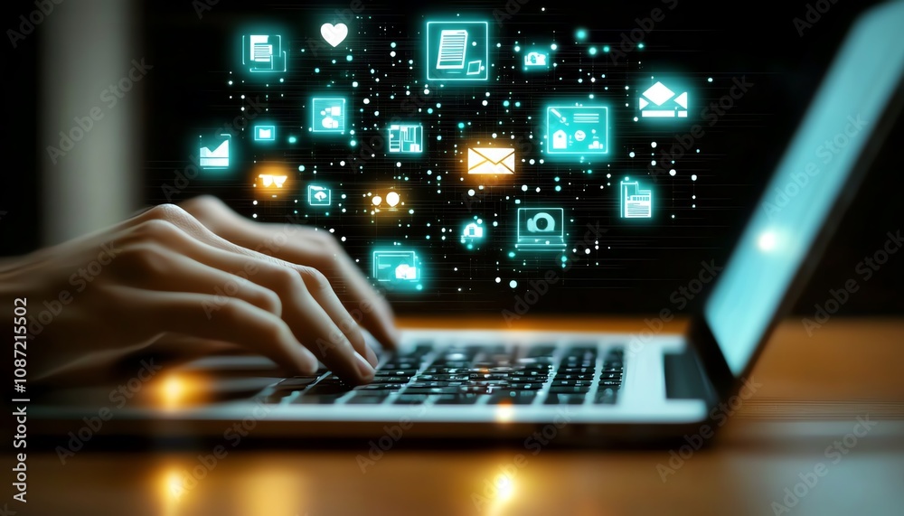 Poster Business person typing on a laptop with digital icons floating above, symbolizing online document management and data protection, generative AI concept