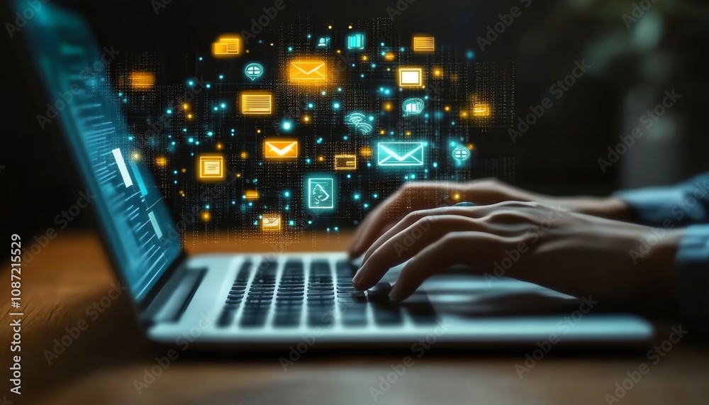Poster business person typing on a laptop with digital icons floating above, symbolizing online document ma