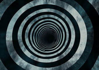 Concentric circles in shades of blue and black create a spiral effect, simulating a tunnel receding into the distance
