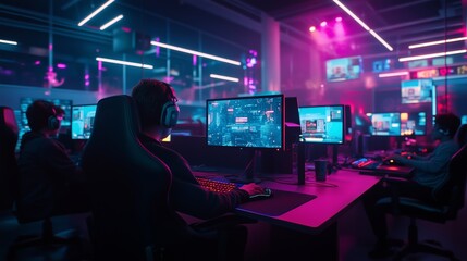 Fototapeta premium A gamer plays on a computer in a brightly lit gaming room, with other players visible in the background
