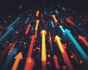 Abstract generative AI background with colorful orange and blue arrows pointing up, symbolizing growth and positive business trend