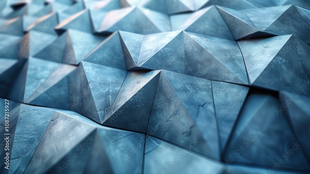 Poster abstract geometric pattern of blue and gray pyramids on a textured surface in a modern design settin