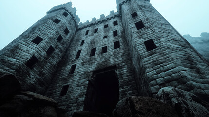 Perspective view of a medieval stone castle tower with arched windows and battlements against a foggy sky.