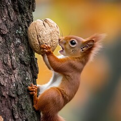 Obraz premium The squirrel quickly scurried up the tree, elegantly balancing a large walnut in its tiny paws