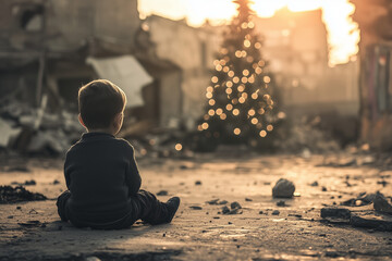A poignant scene of a little boy sitting on the ground, gazing at a Christmas tree that has been devastated by the effects of war, evoking a sense of loss and reflection during the holiday season.