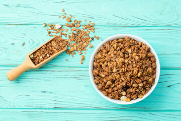 Homemade grain granola . Healthy energy eating . Top view