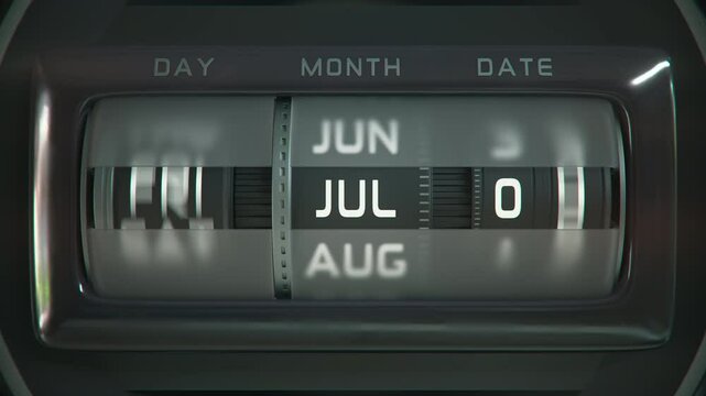 Fast-spinning calendar display. Rotating year counter showing months cycling through time. Perfect for time passing, deadlines, new year concepts, and speed of time visuals. Ultra HD 4K animation