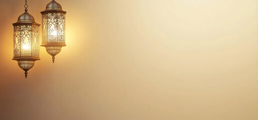 Ornate metal lanterns illuminate a beige wall