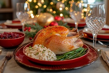 Beautifully set holiday table with roasted turkey, garlic rice, green beans, cranberry sauce, white wine glasses, and a Christmas tree in the background for family gathering.