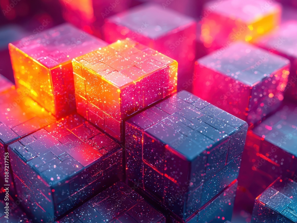 Poster exploring cyber grid topology luminous cubic forms in a gradient spectrum environment