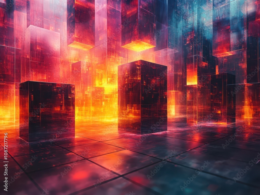 Poster exploring cyber grid topology luminous cubic forms in a gradient spectrum environment