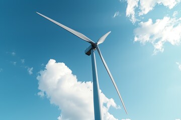 A wind turbine generating renewable energy against a clear blue sky with fluffy clouds during a sunny day in a rural landscape
