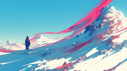 Whimsical Mountains Adorned with Colorful Paper Strips, Vibrant Teal and Magenta, Detailed Illustrations, Soft Lines, Playful Distortion