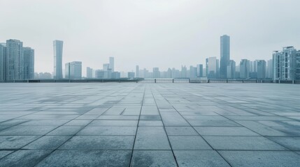 Fototapeta premium Empty square floor with city skyline background, City square at sunset, warm tones