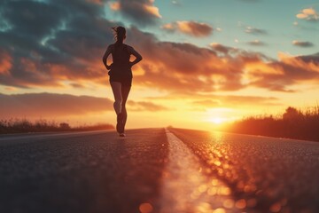 Sporty young woman runs along an empty road during a vibrant sunrise amidst colorful clouds