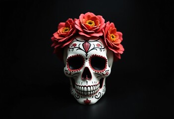 Naklejka premium Sugar skull with floral ornament on black background. Sugar Skull - Calavera to celebrate Mexico's Day of the Dead