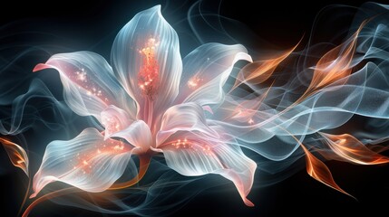 Fototapeta premium A delicate flower with flowing petals and glowing accents, surrounded by wisps of colored smoke in a dark background