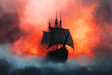 Fototapeta premium A ghostly ship emerges from swirling fog against a dramatic backdrop of fiery orange and red, evoking a sense of mystery and adventure.