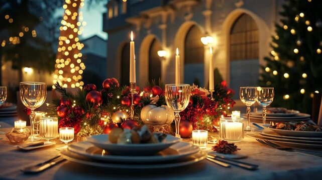 Elegant New Year&acirc;&euro;&trade;s Eve dinner table with candles, fine china, and a festive centerpiece, ready for a night of celebration. . 4K Video