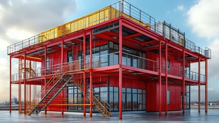 Obraz premium Modern industrial building with a vibrant red exterior and stairs.