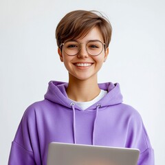 Obraz premium Photo of young buisnesswomen with short hair and glasses smiling, she is wearing purple hoodie and holding laptop in hands, white background generative ai