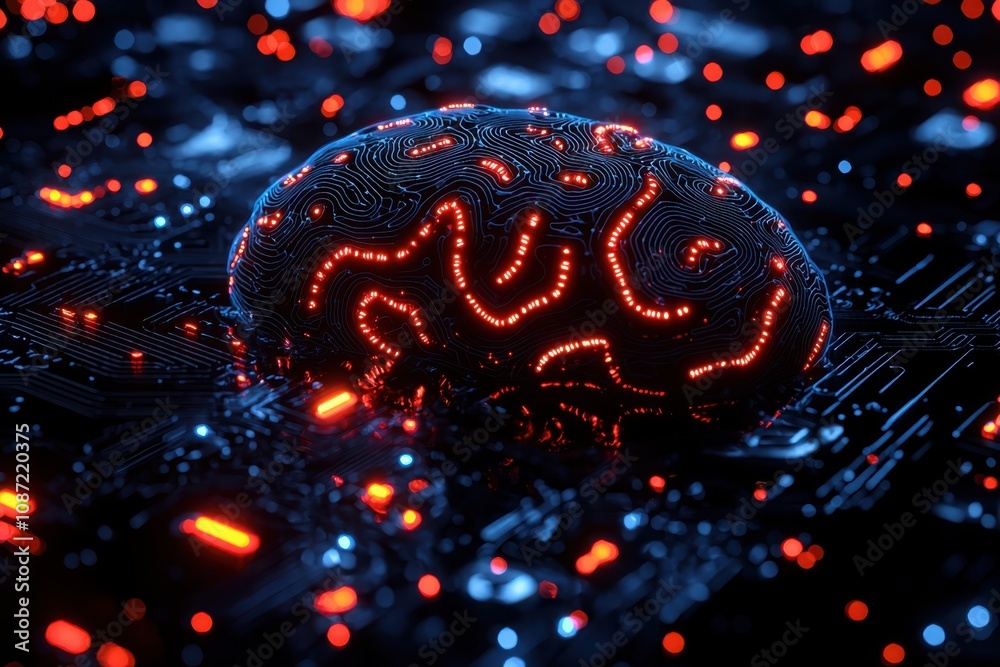 Poster exploring digital brain mapping circuit patterns flowing into hum a technological odyssey in a futur